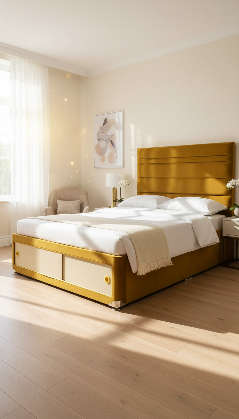 Arrol slide storage bed in mustard in bright room