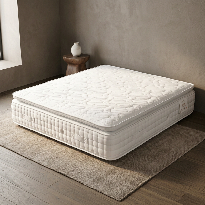 Brighter mattress image with soft daylight and lighter warm-grey room tones