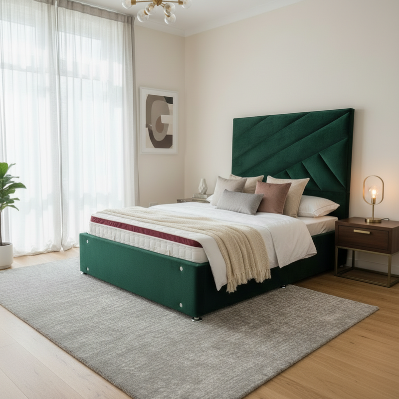 Emerald bed and mattress set on wood floor