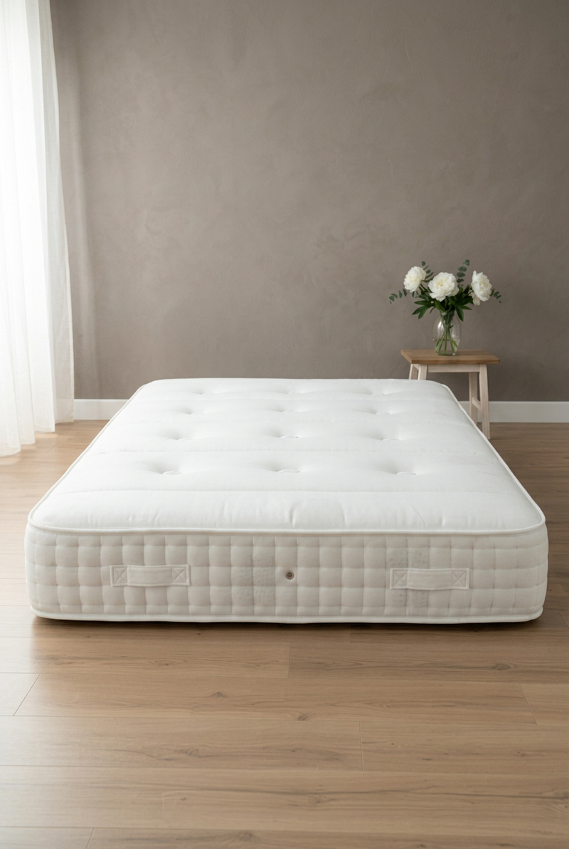 Foot-end mattress view with the matching warm-grey background