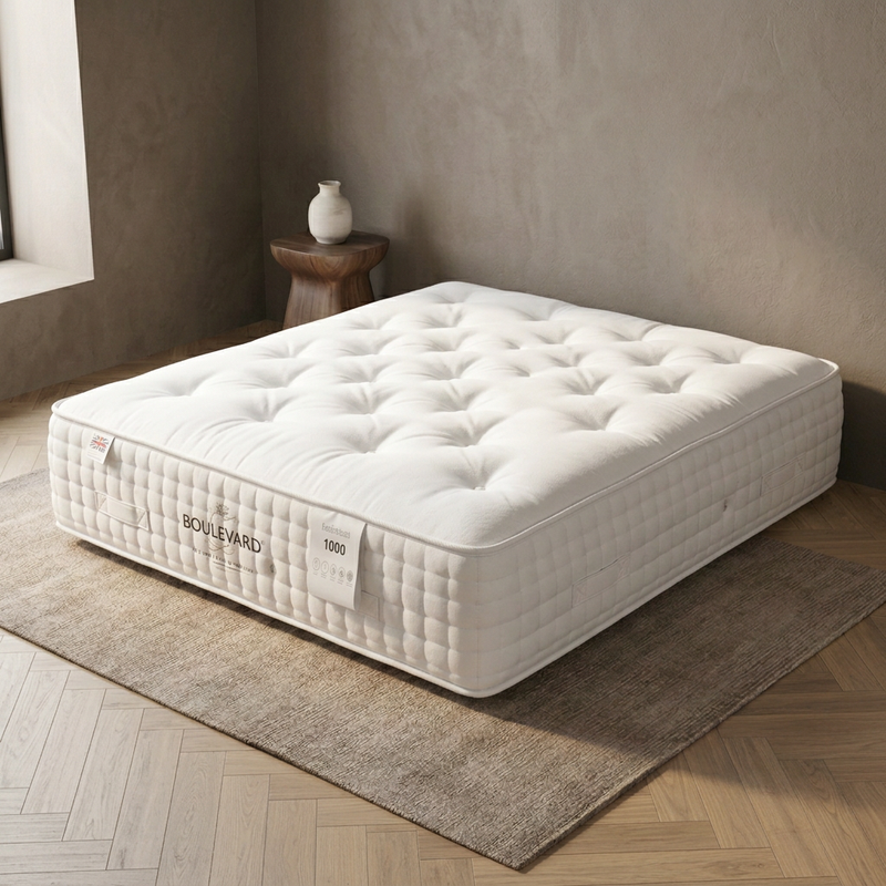 Full mattress with original branding retained in the warm-grey bedroom theme