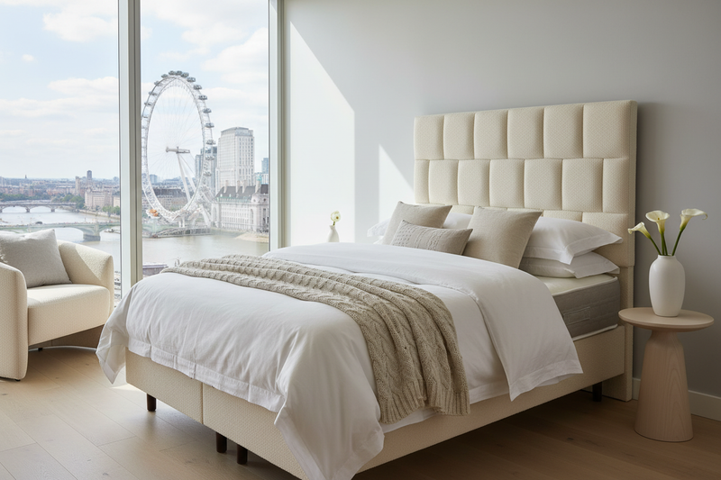 Luxury mattress in light room with London Eye view