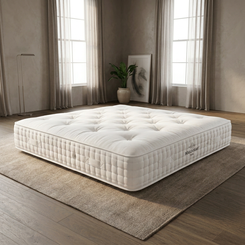 Mattress styled in the matching bright warm-grey bedroom theme