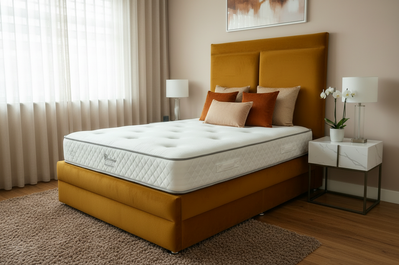 Mustard Plush Divan Bed with Brown Rug