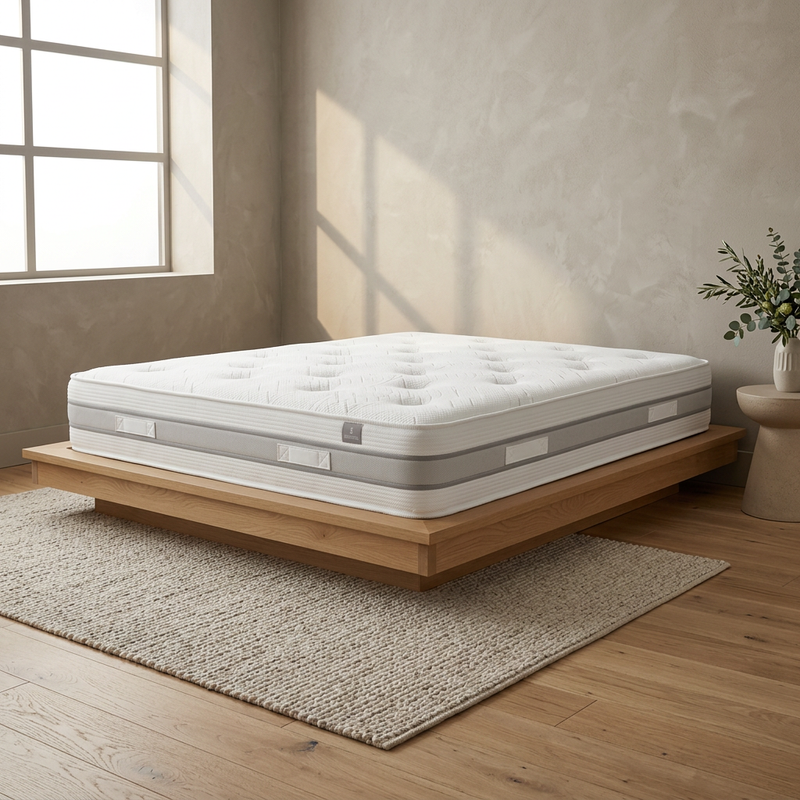 Professional mattress photography with refined room styling, soft lighting and a mobile-friendly square composition