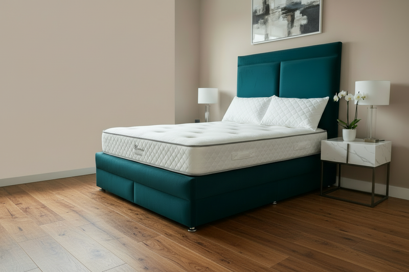 Rose Orthopaedic Mattress & Teal Divan Bed with Wooden Floor