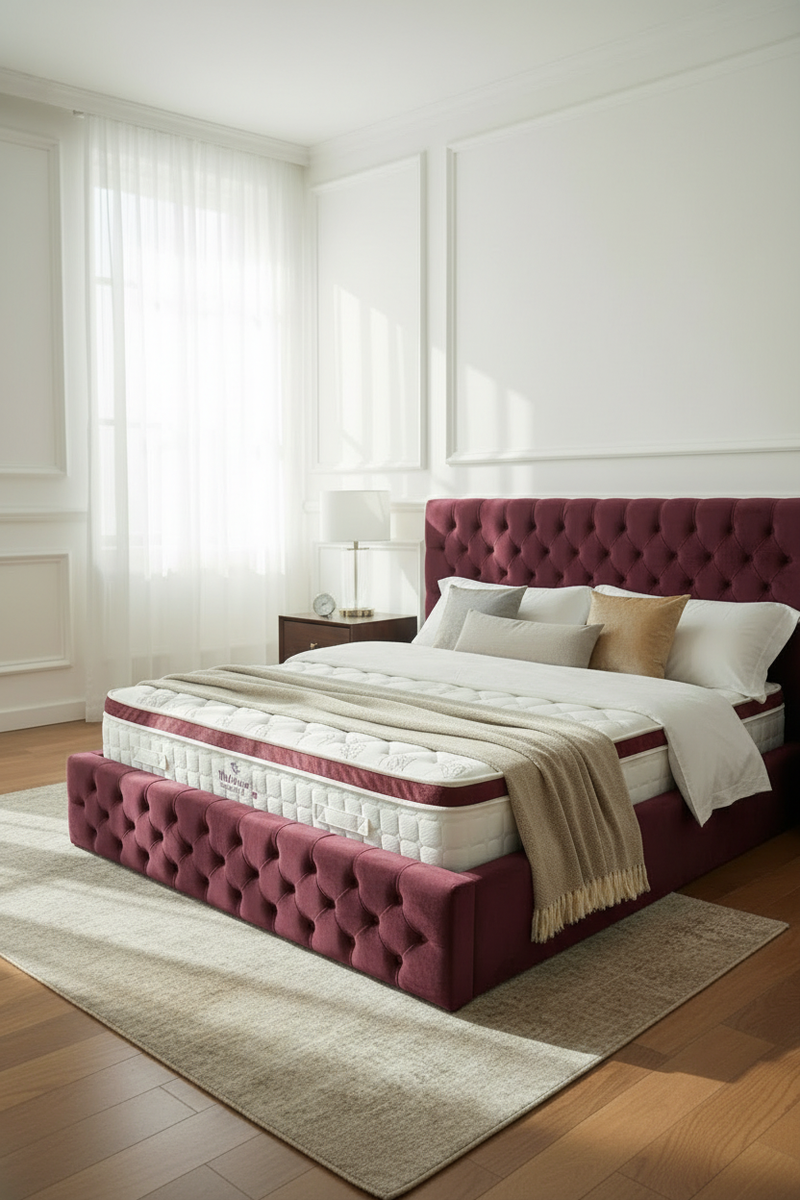 Silver burgundy tufted bed