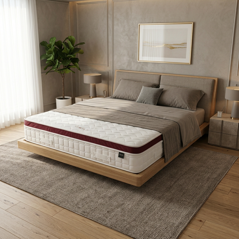 Styled bed in the matching bright warm-grey theme
